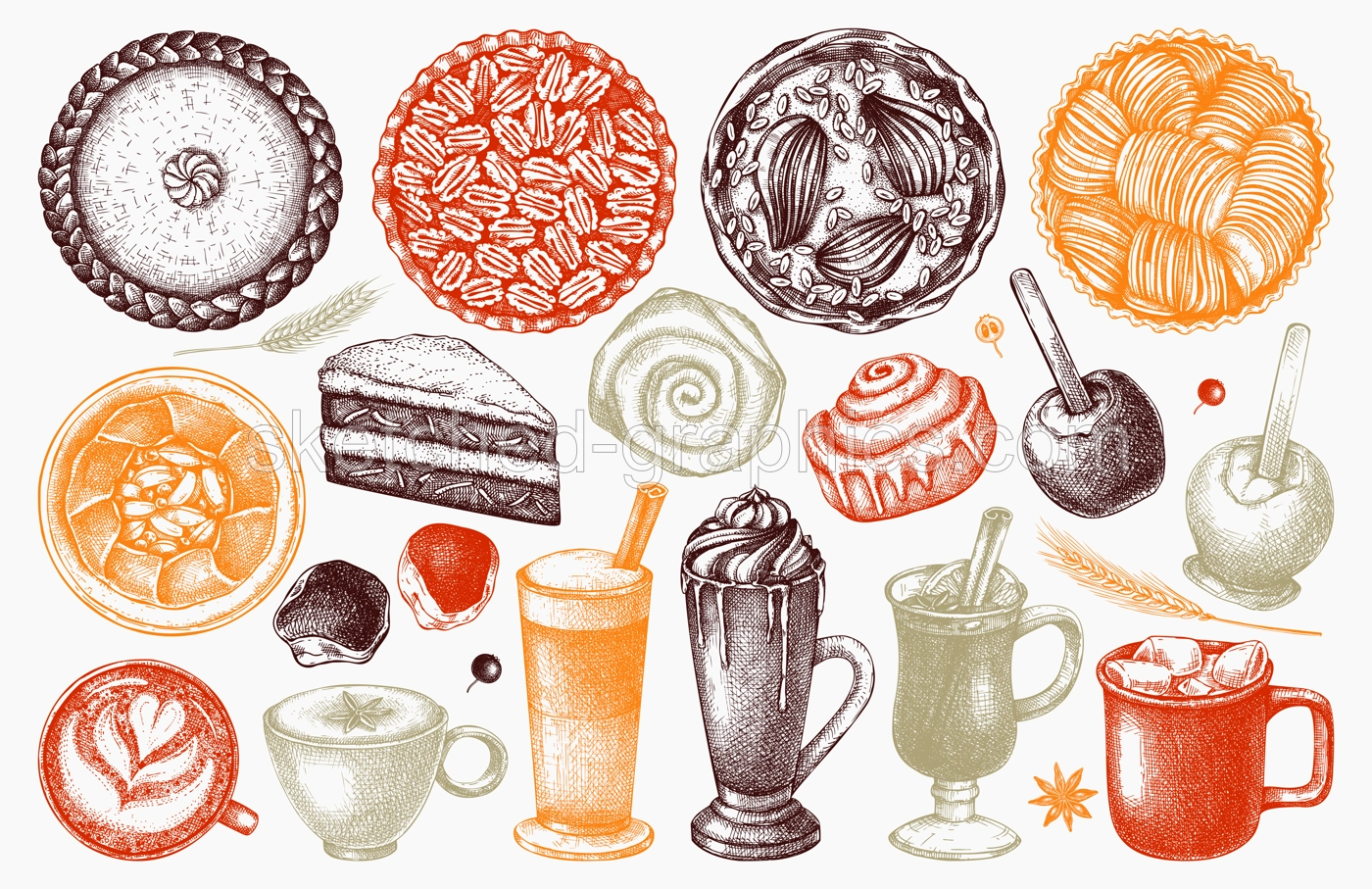 Autumn dessert collection. Thanksgiving dinner illustrations. Fall festival food  and drinks sketches. Sketched fall food drawings. Thanksgiving table hand drawn icons in color Illustration